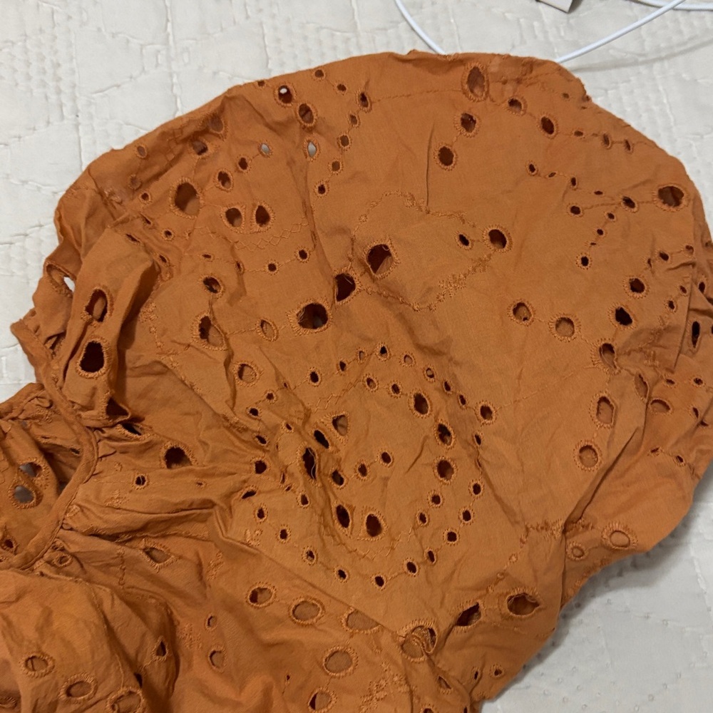 Women's Eyelet Puff Sleeve Top - Orange - Picture 4 of 4